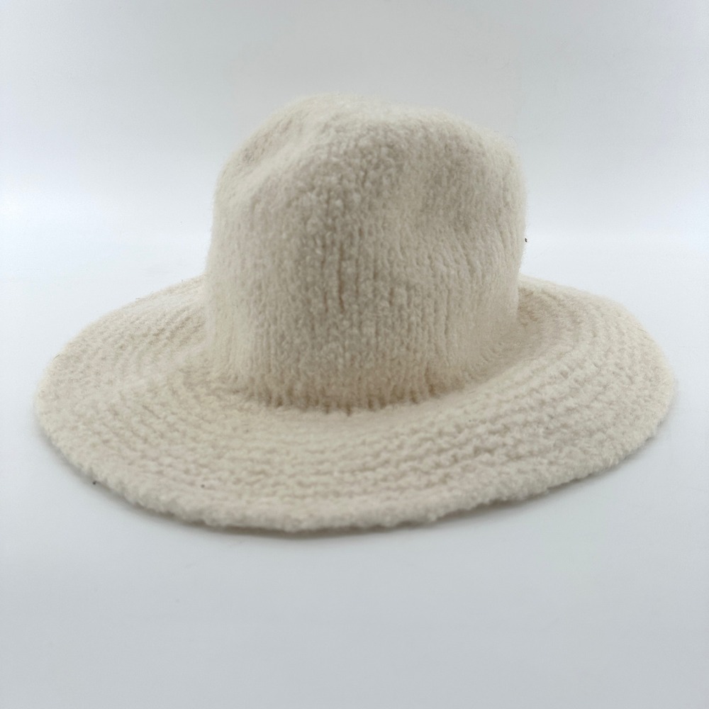 Happy Hatz Cream Bouclé Knit Wide Brim Sun Hat Handmade Off White Boho